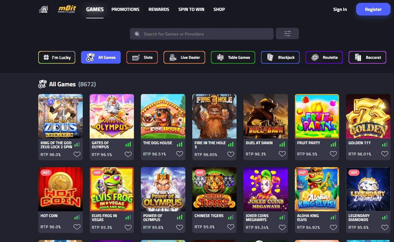 mBit Casino games experience on desktop