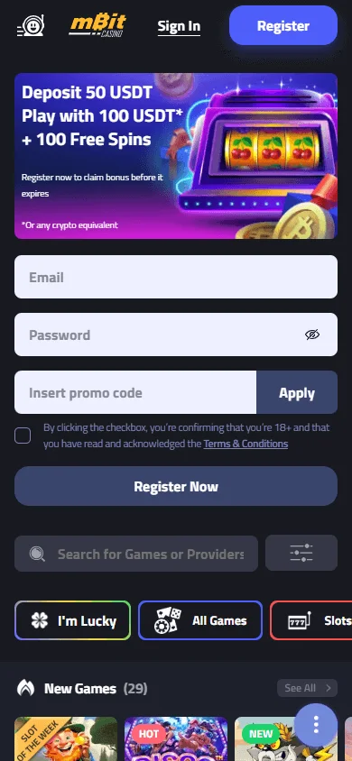 mBit Casino home experience on a mobile phone