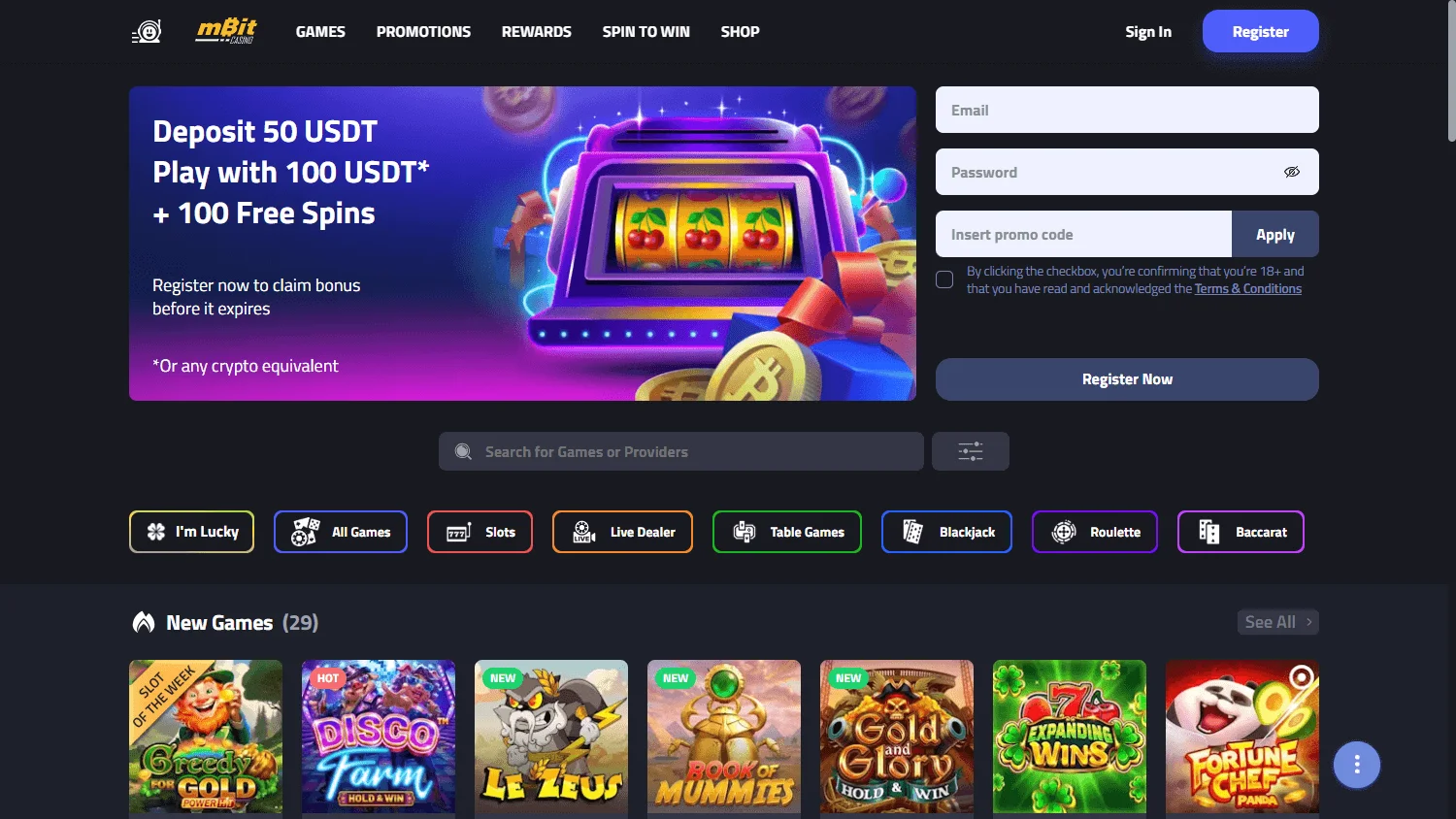 mBit Casino home experience on desktop